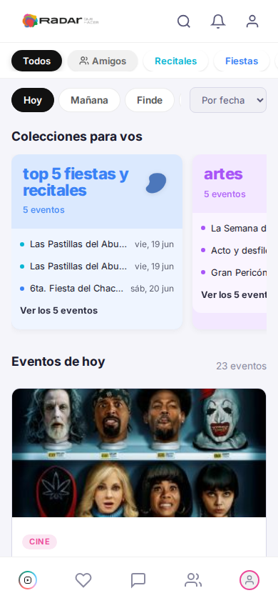 Modo cartelera de RADAR con colecciones y eventos del día
